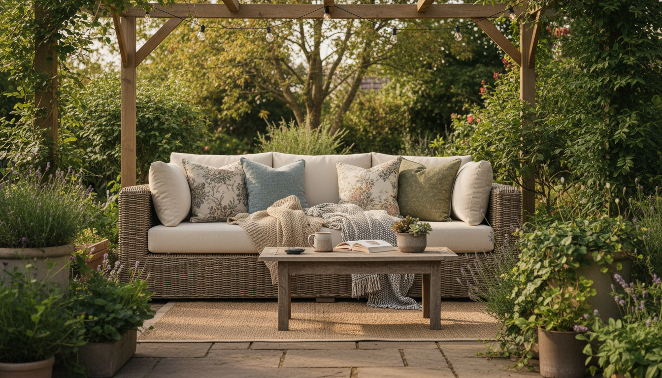 Photo réaliste d'un salon de jardin cocooning avec canapé bas en résine tressée couleur naturelle, coussins moelleux beige et terracotta, plaids en laine, table basse en bois flotté, ambiance chaleureuse et intimiste en lumière dorée de fin de journée