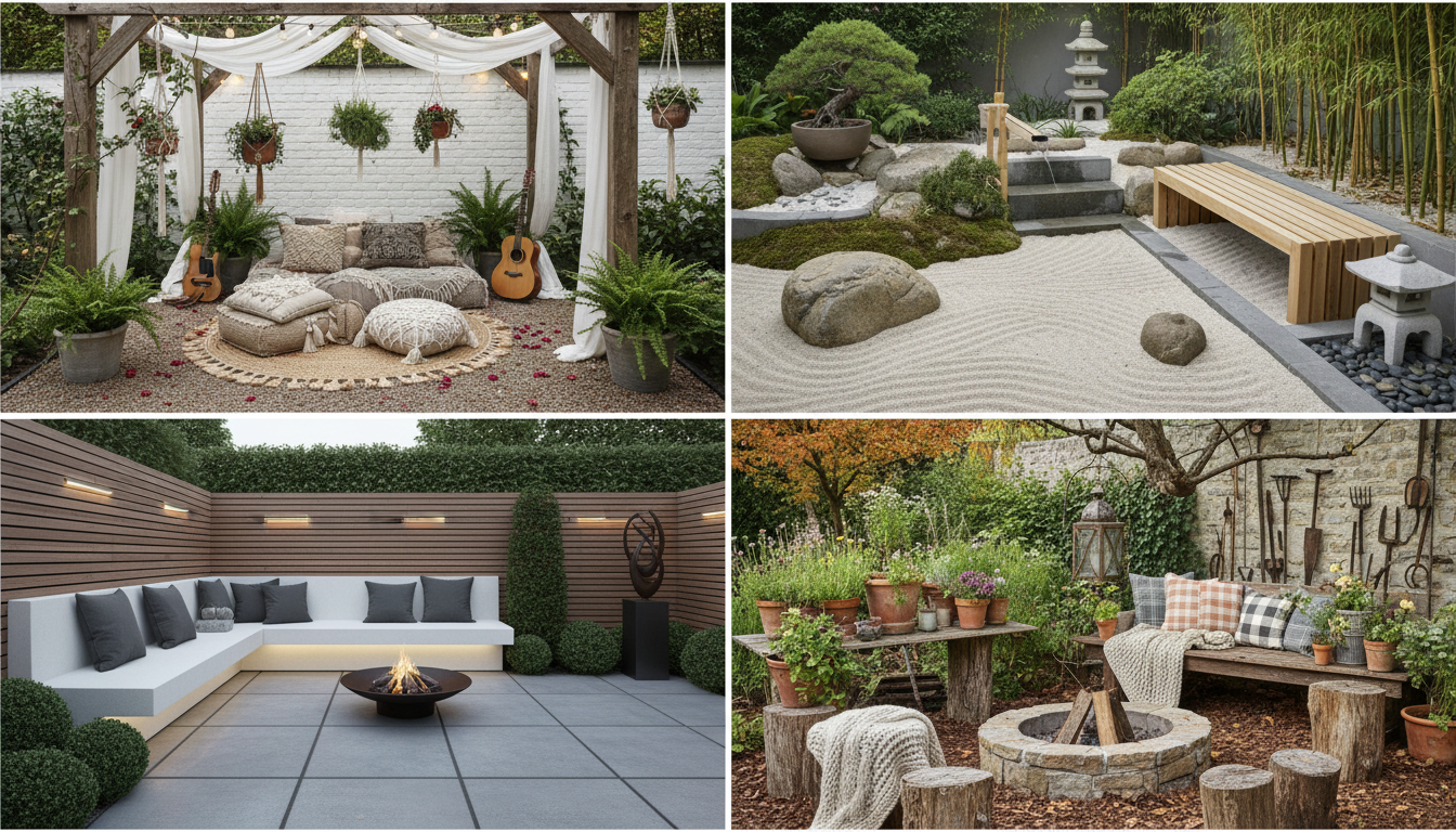 Infographie composée de 4 photos réalistes représentant différents styles de coins cocooning jardin : style bohème avec coussins de sol colorés et macramé, style zen avec galets et bambous, style moderne avec mobilier design béton et métal, style rustique avec bois brut et poteries artisanales, couleurs naturelles et chaleureuses, présentation professionnelle en grille 2x2